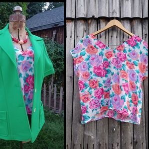 Vintage 80s John Richard soft cap sleeve top bright jewel toned rainbow floral M